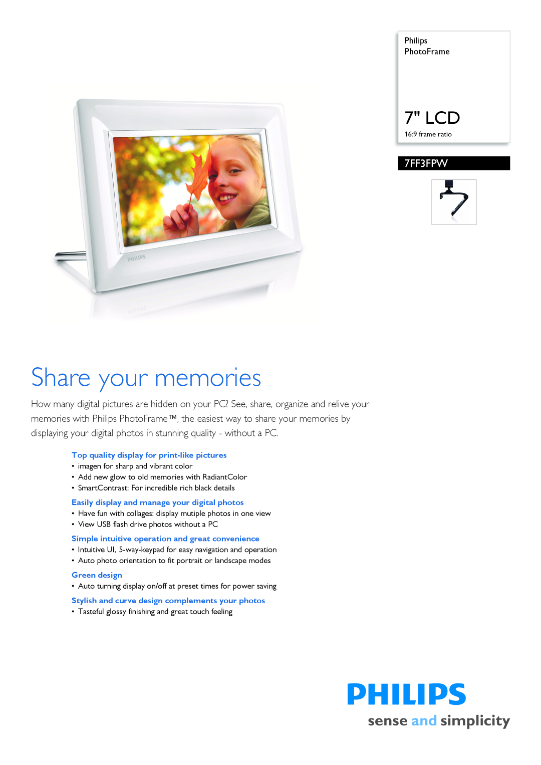 Philips 7FF3FPW/93 manual Philips PhotoFrame, Top quality display for print-like pictures, Green design, 7 LCD 