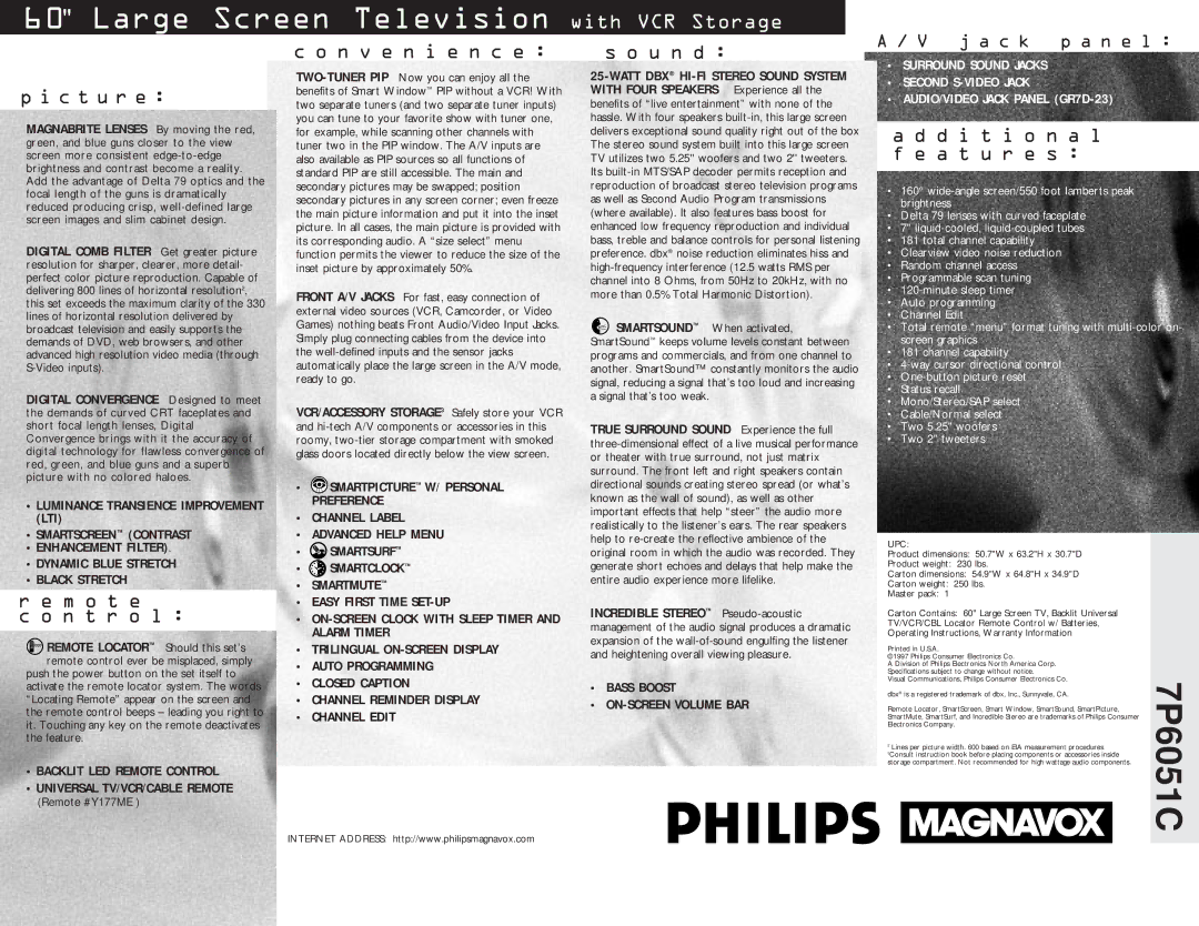 Philips 7P6051C manual C t u r e, M o t e N t r o l, N v e n i e n c e, U n d, D i t i o n a l f e a t u r e s 