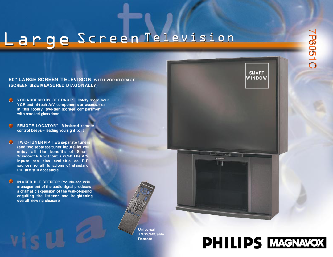 Philips manual 7P6051C7P6051C, Large Screen Television With Vcr Storage, Screen Size Measured Diagonally 