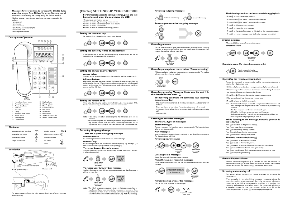 Philips 800 user manual Description of features, Icons, Installation, Setting the time and day, Setting the remote code 