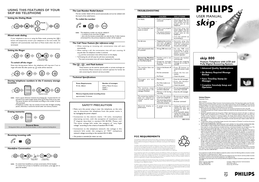 Philips 800 Setting the Dialing Mode, Mixed mode dialing, Setting the Ringer, Erasing memories, Last Number Redial feature 