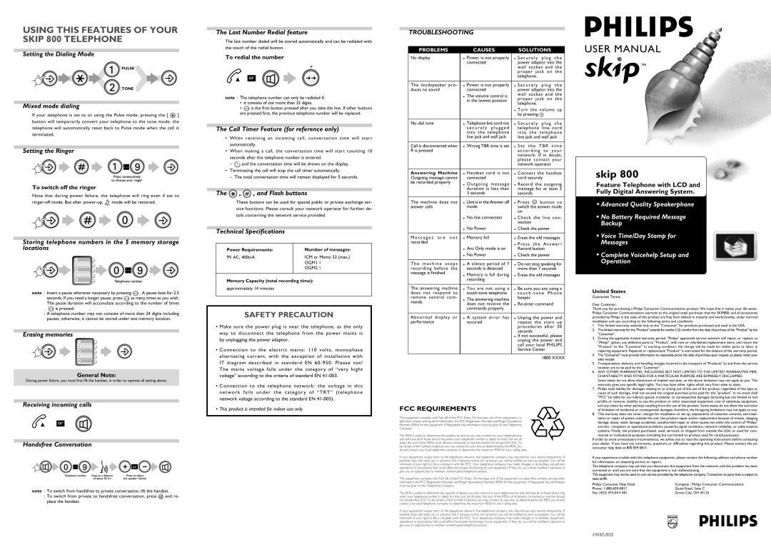 Philips user manual USING THIS FEATURES OF YOUR SKIP 800 TELEPHONE, skip, 0 9 or, Safety Precaution, Fcc Requirements 