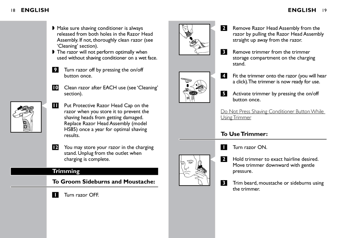 Philips 8040X manual Trimming, To Groom Sideburns and Moustache, To Use Trimmer 