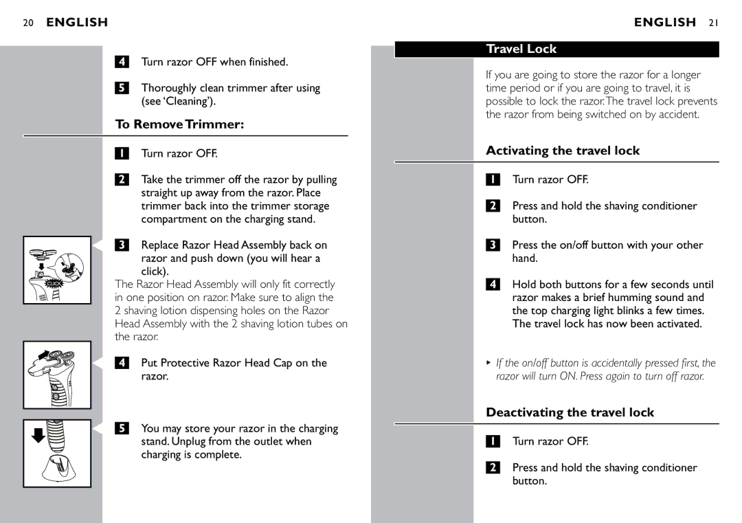 Philips 8040X manual To Remove Trimmer, Travel Lock, Activating the travel lock, Deactivating the travel lock 