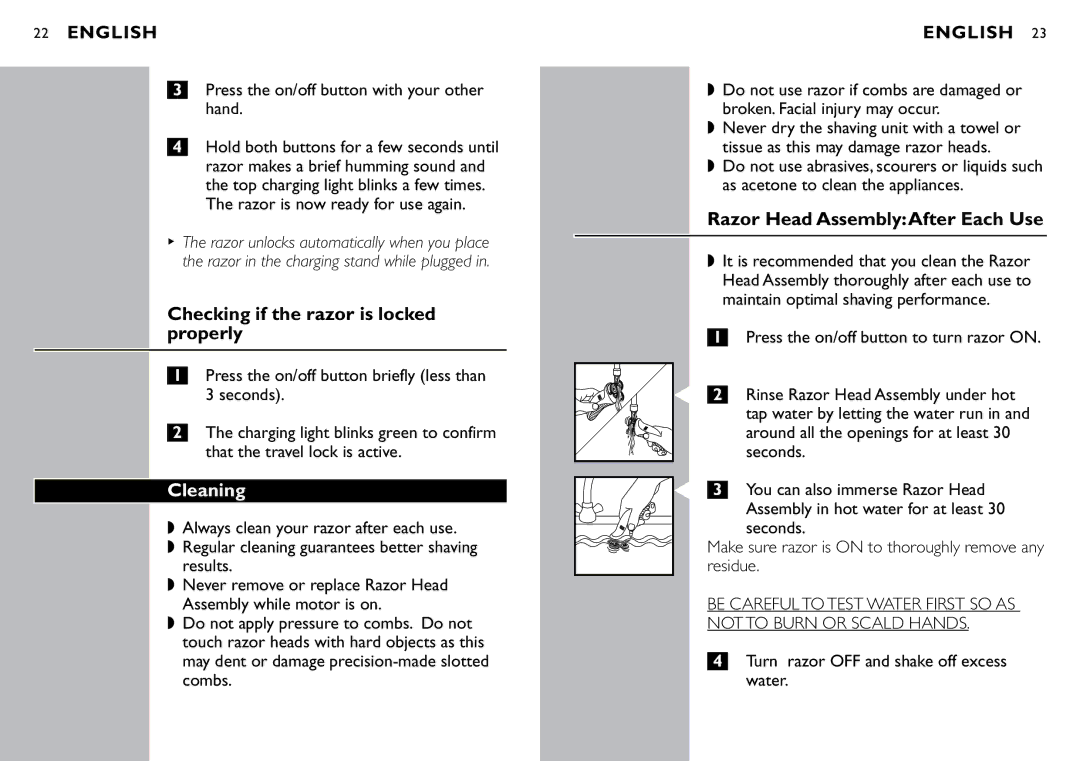 Philips 8040X manual Checking if the razor is locked properly, Cleaning, Razor Head AssemblyAfter Each Use 