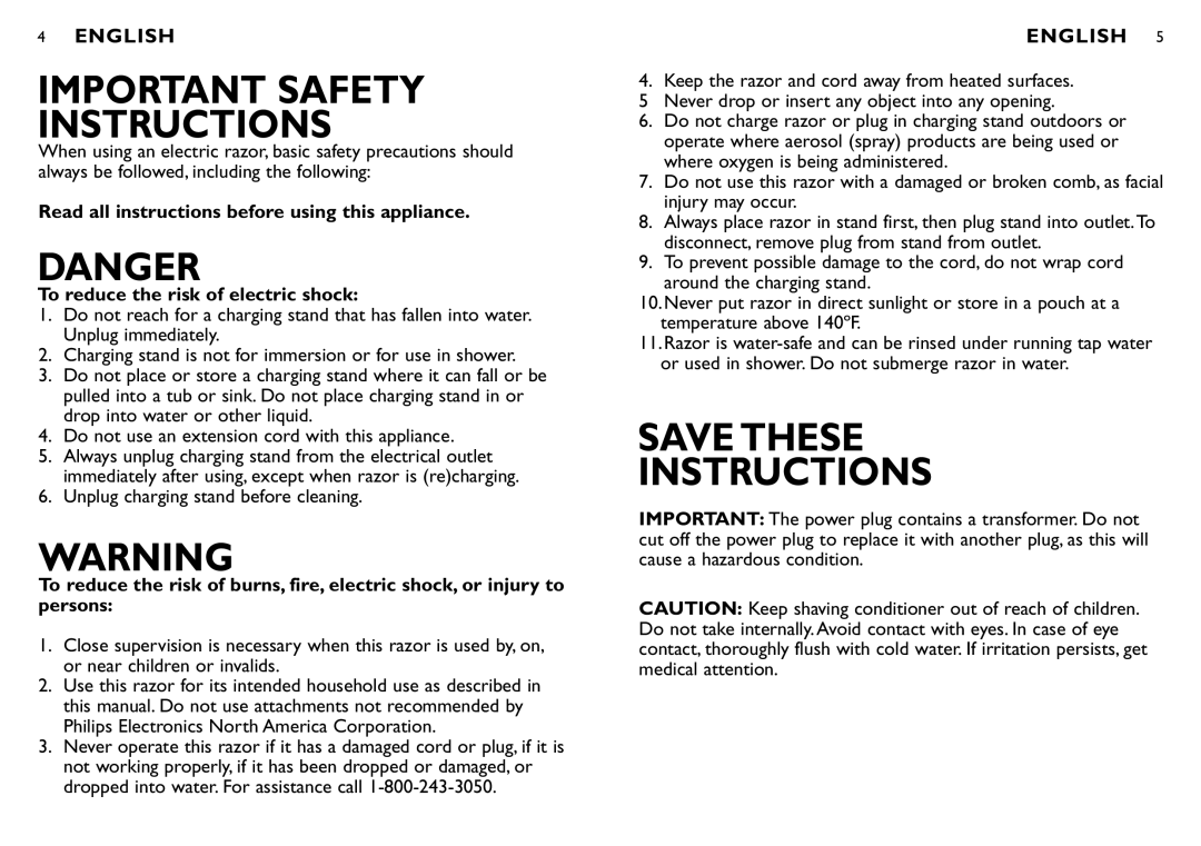 Philips 8040X manual IMportant Safety Instructions, Unplug charging stand before cleaning 