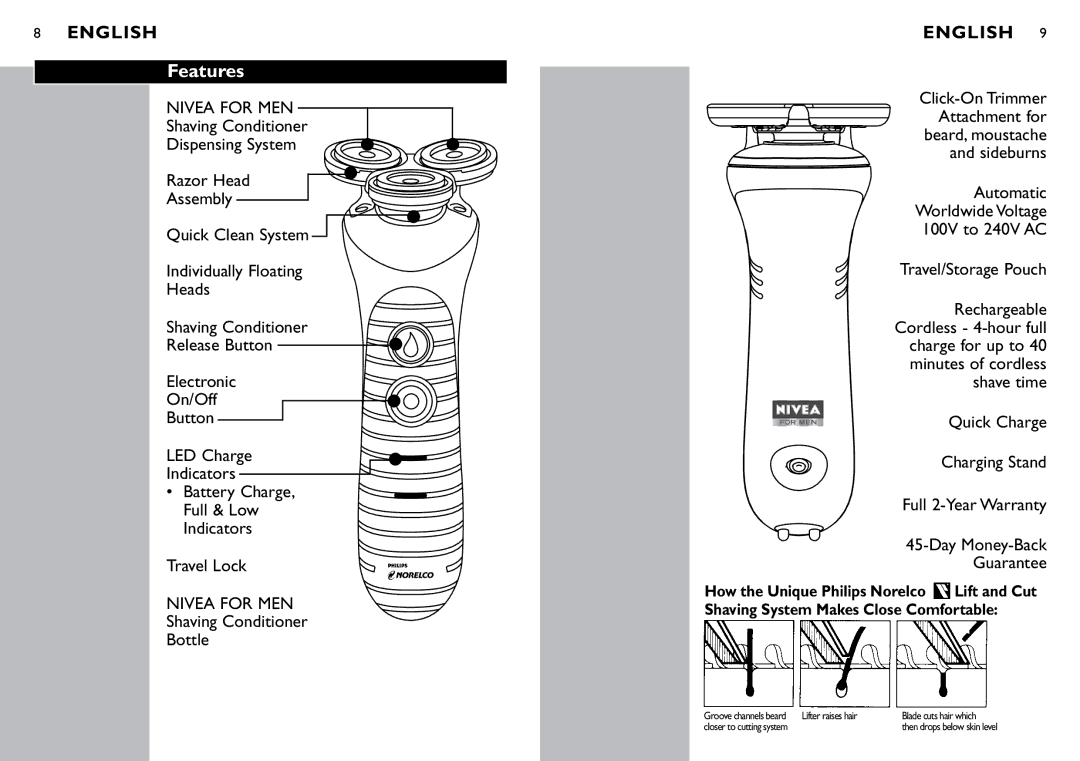 Philips 8040X manual Features, Shaving Conditioner Bottle 