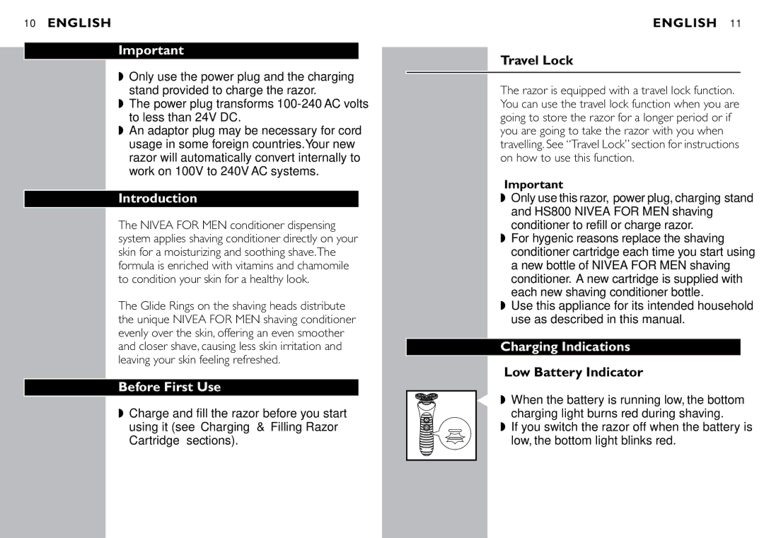 Philips 8040X manual Introduction, Before First Use, Travel Lock, Charging Indications, Low Battery Indicator 