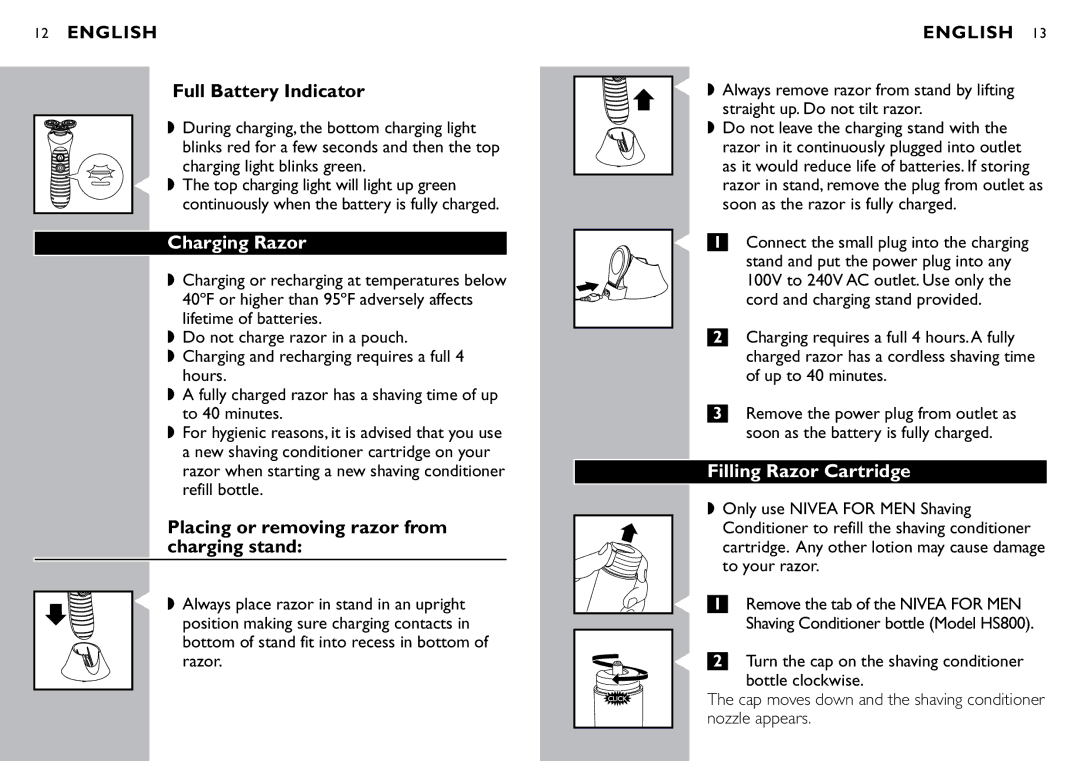 Philips 8040X manual Full Battery Indicator, Charging Razor, Placing or removing razor from charging stand 