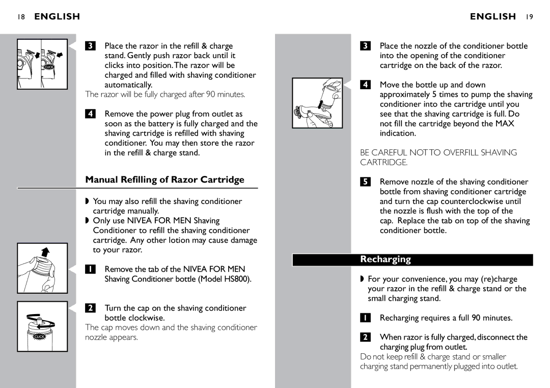 Philips 8060X Manual Refilling of Razor Cartridge, Recharging requires a full 90 minutes, Charging plug from outlet 