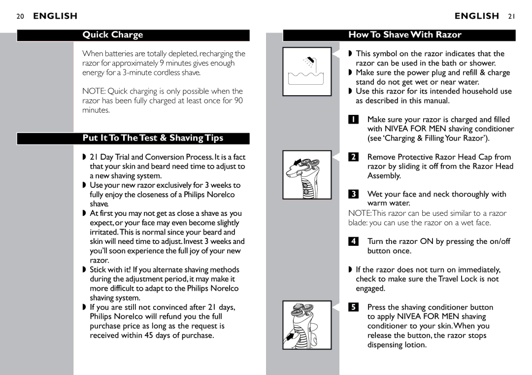 Philips 8060X manual Quick Charge, Put It To The Test & Shaving Tips, How To Shave With Razor 