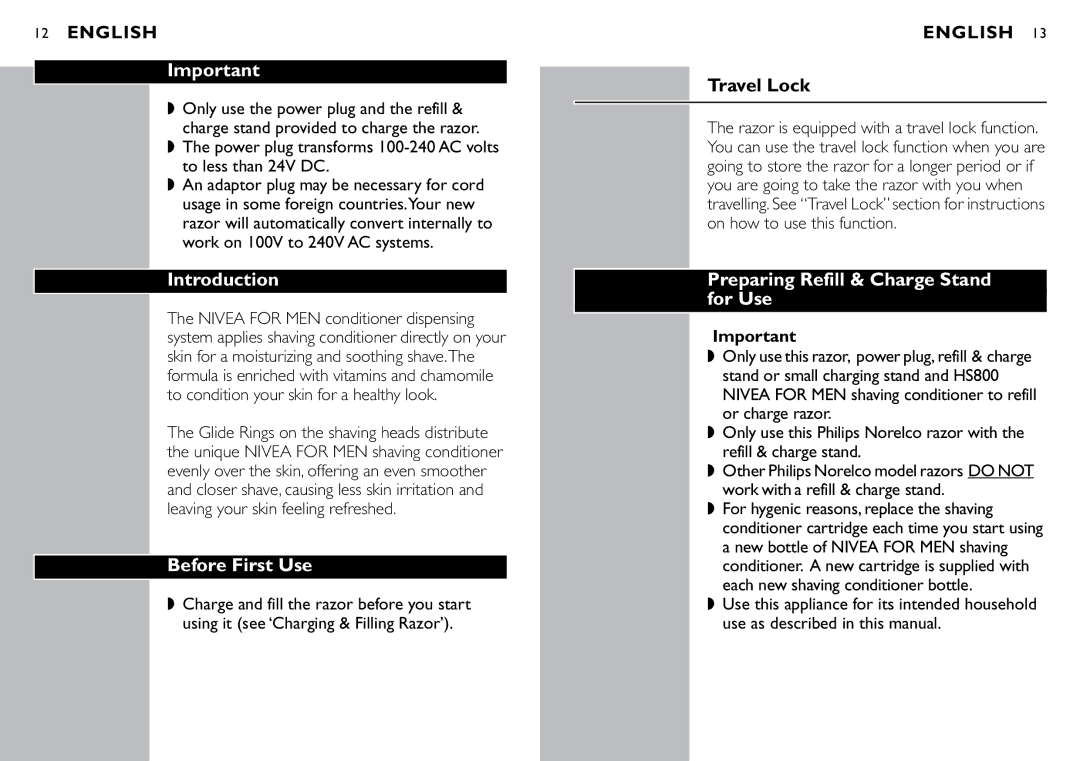 Philips 8060X manual Introduction, Before First Use, Travel Lock, Preparing Refill & Charge Stand for Use 