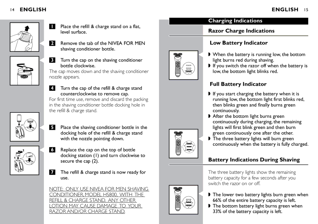 Philips 8060X manual Charging Indications, Razor Charge Indications Low Battery Indicator, Full Battery Indicator 