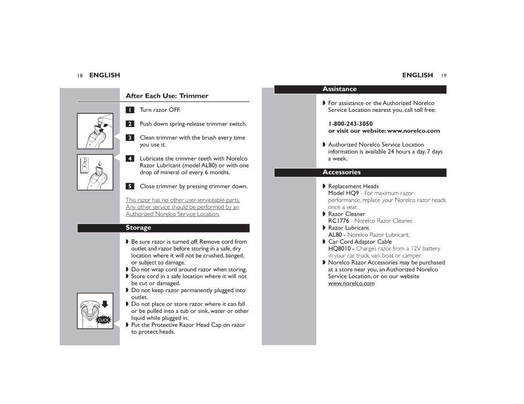 Philips 8138XL manual After Each Use Trimmer, Storage, Assistance, Accessories 