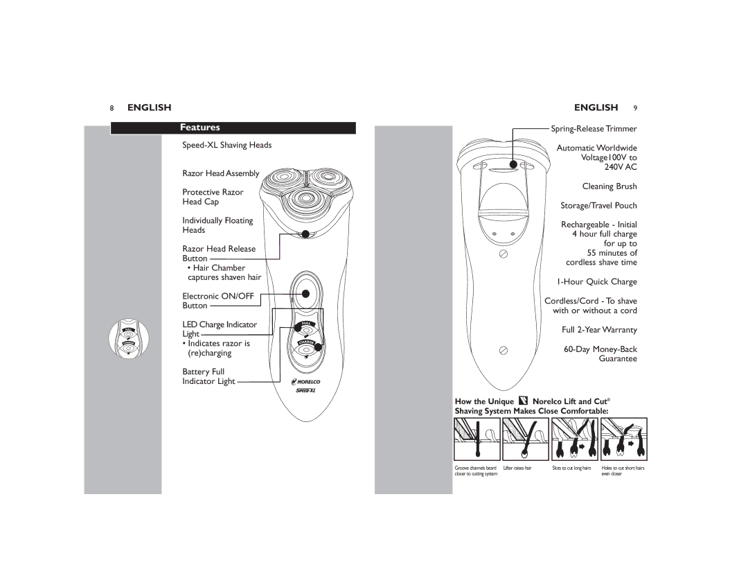 Philips 8138XL manual Features, Spring-Release Trimmer, Full 2-Year Warranty Day Money-Back Guarantee 