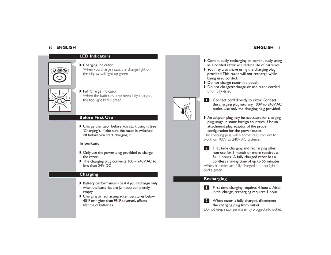 Philips 8138XL LED Indicators, Before First Use, Charging, Recharging, Do not keep razor permanently plugged into outlet 