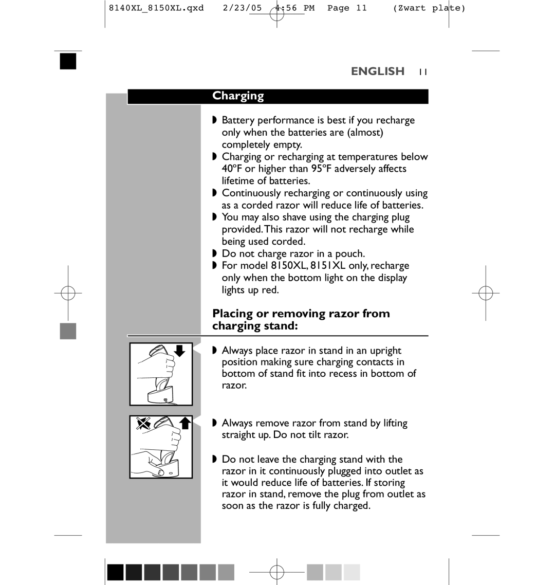 Philips 8150XL, 8151XL manual Charging, Placing or removing razor from charging stand 