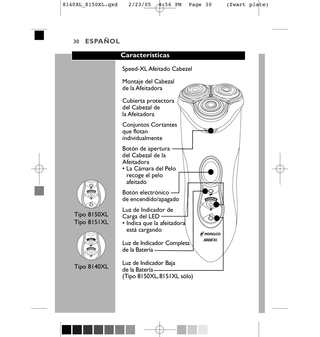 Philips manual Características, Tipo 8150XL Tipo 8151XL Tipo 8140XL, Speed-XL Afeitado Cabezel 