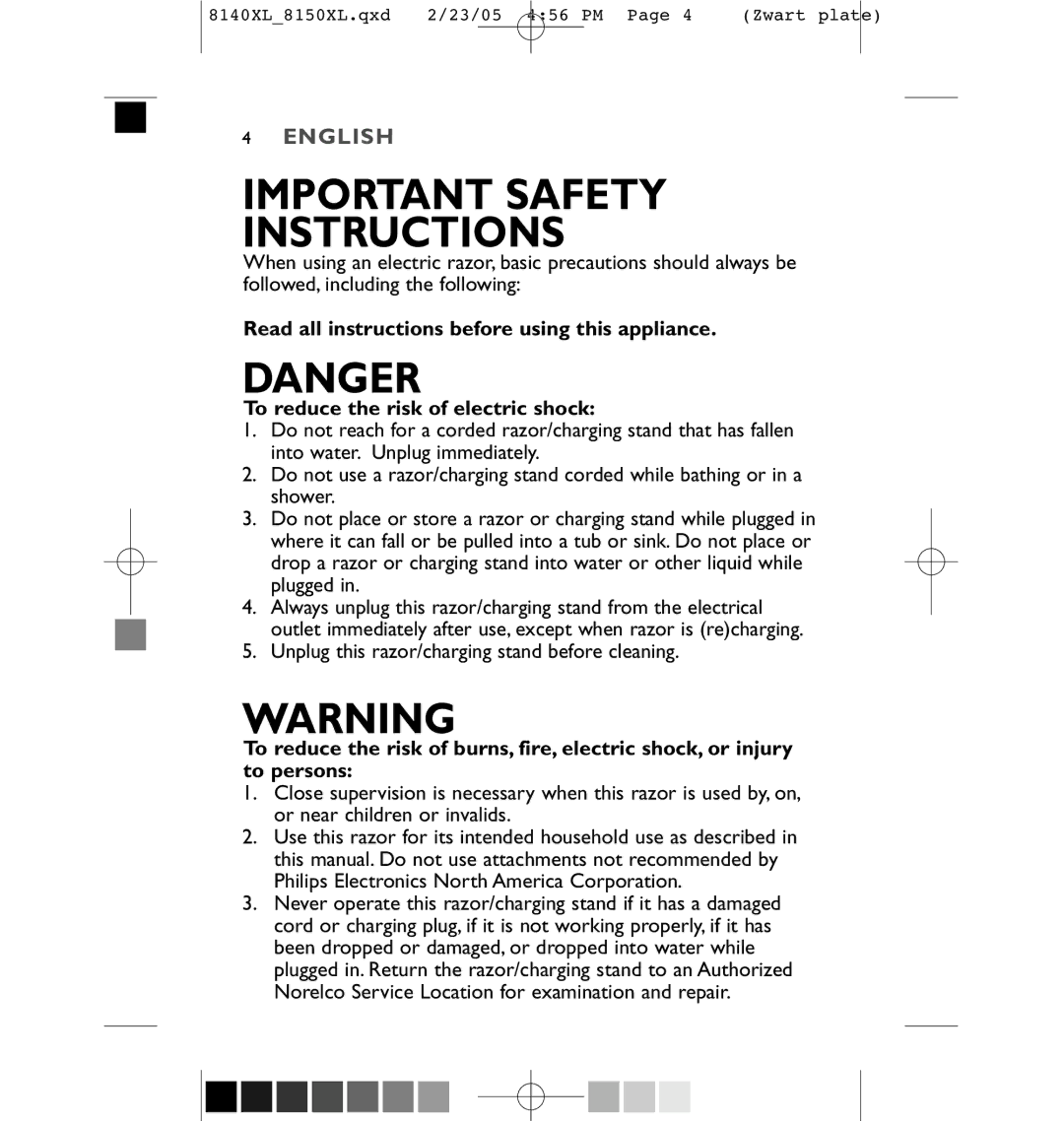 Philips 8151XL, 8150XL manual Important Safety Instructions, Unplug this razor/charging stand before cleaning 