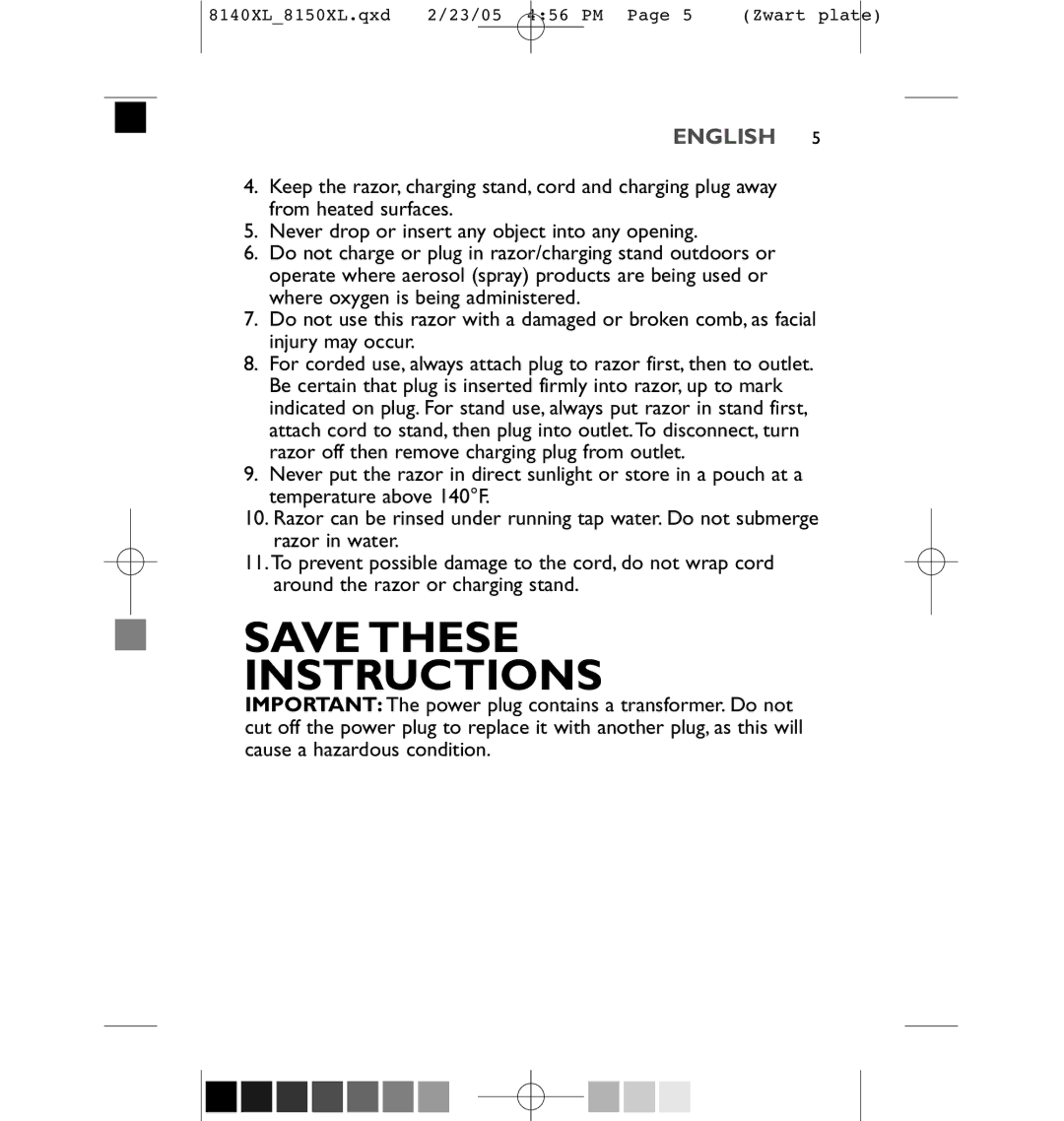 Philips 8150XL, 8151XL manual Save These Instructions 