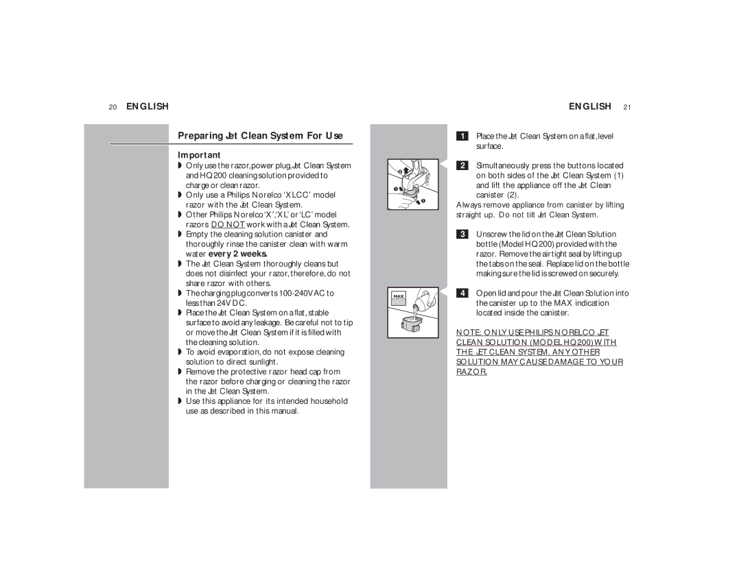 Philips 8160XLCC manual Preparing Jet Clean System For Use, Place the Jet Clean System on a flat,level surface 