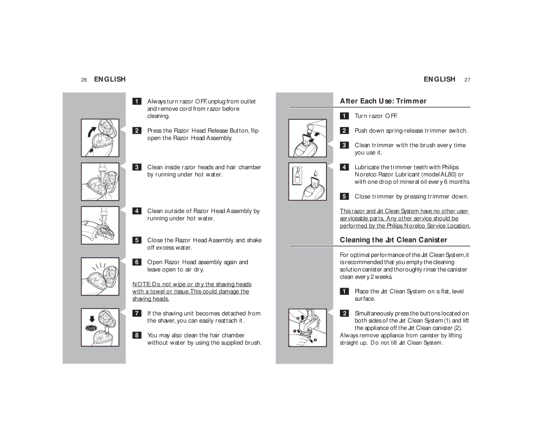 Philips 8160XLCC manual After Each Use Trimmer, Cleaning the Jet Clean Canister 