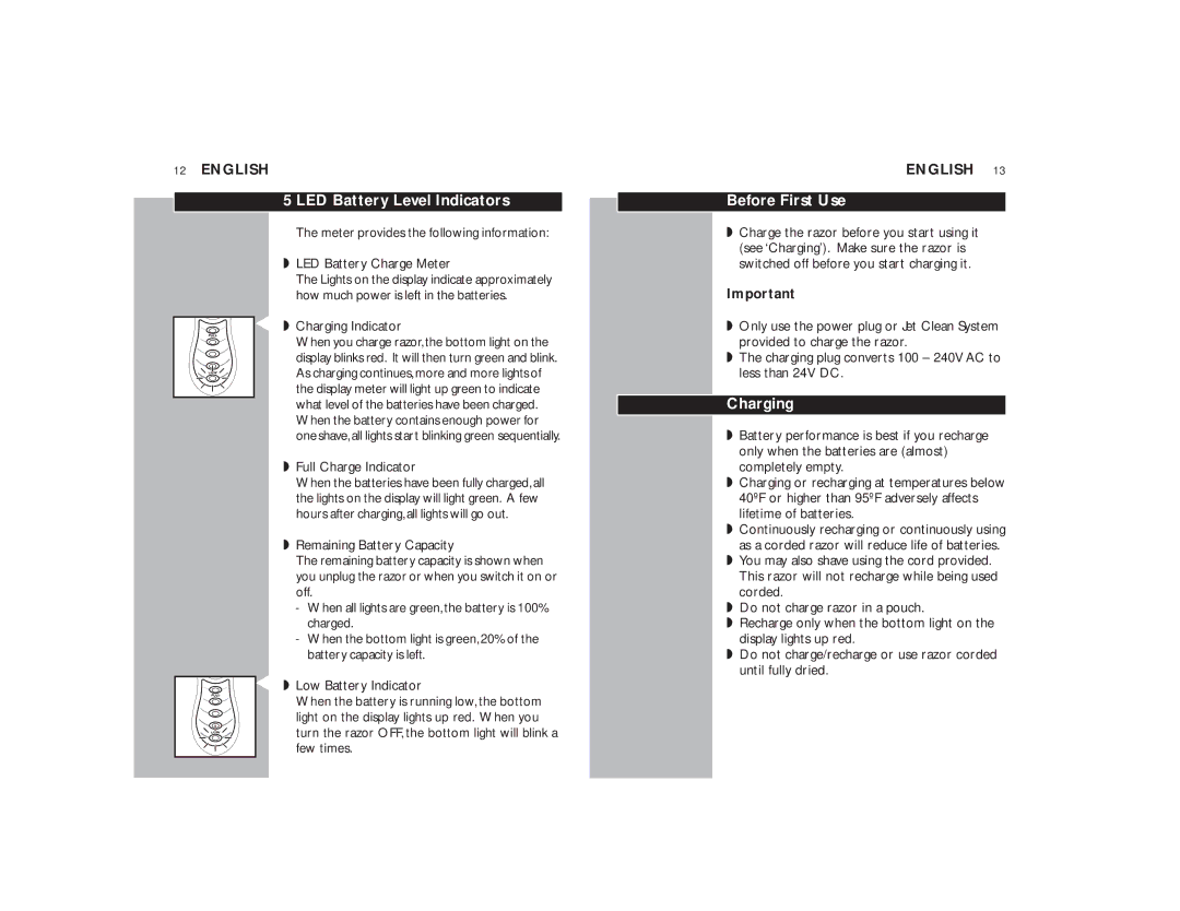 Philips 8160XLCC manual LED Battery Level Indicators, Before First Use, Charging Indicator, Full Charge Indicator 