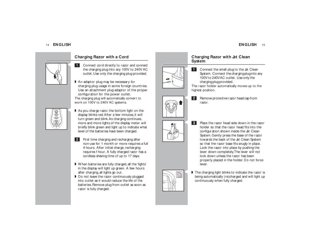 Philips 8160XLCC manual Charging Razor with a Cord, Charging Razor with Jet Clean System 