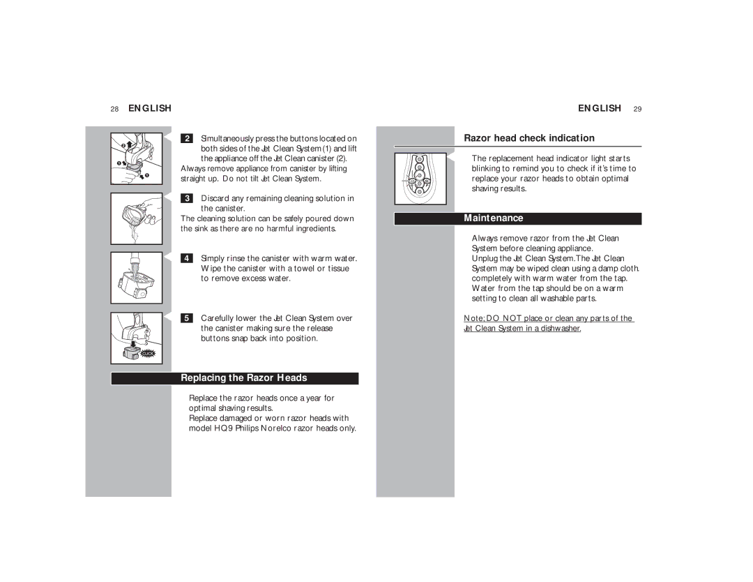 Philips 8170XLCC manual Replacing the Razor Heads, Razor head check indication, Maintenance 