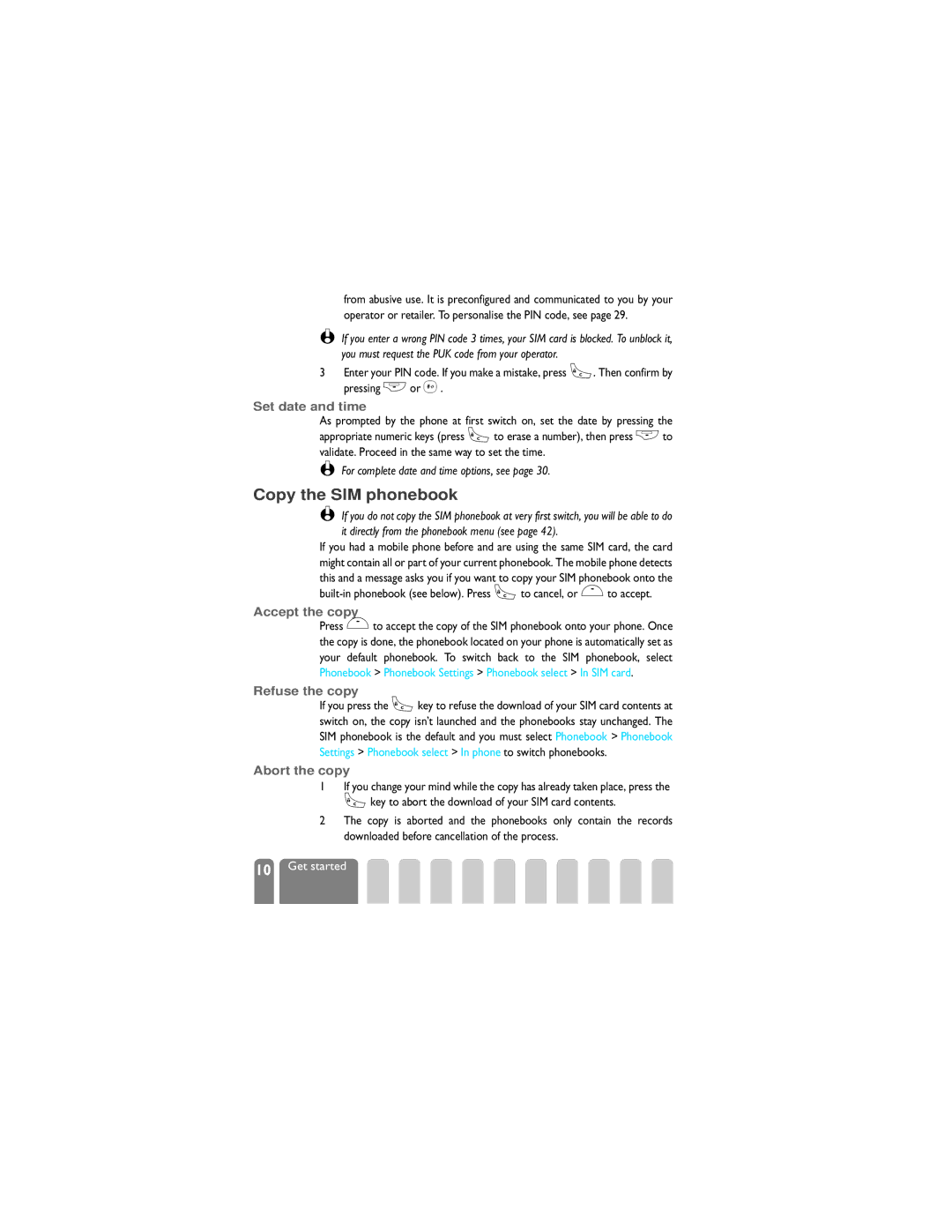 Philips 825 manual Copy the SIM phonebook, Set date and time, Accept the copy, Refuse the copy, Abort the copy 