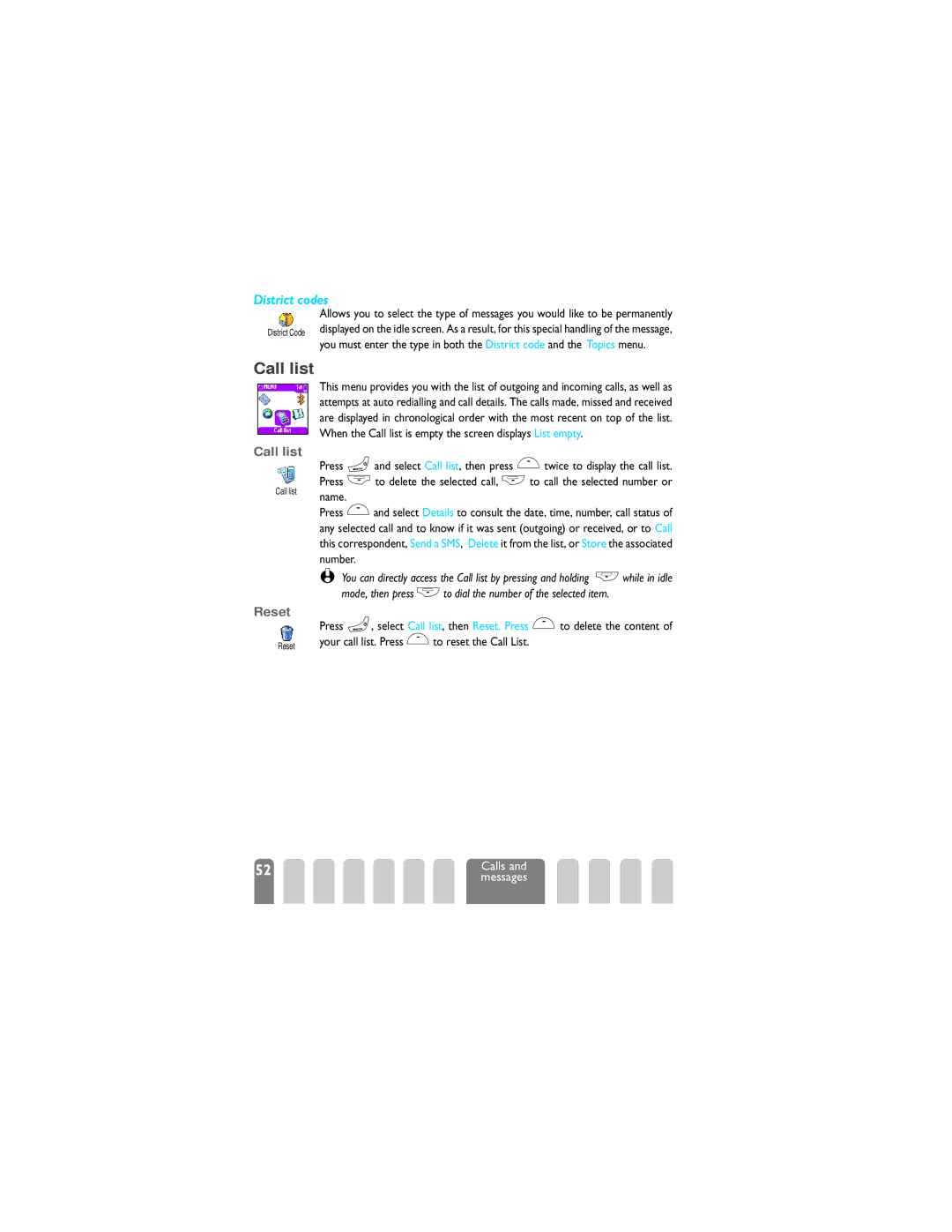 Philips 825 manual Call list, District codes, Reset 