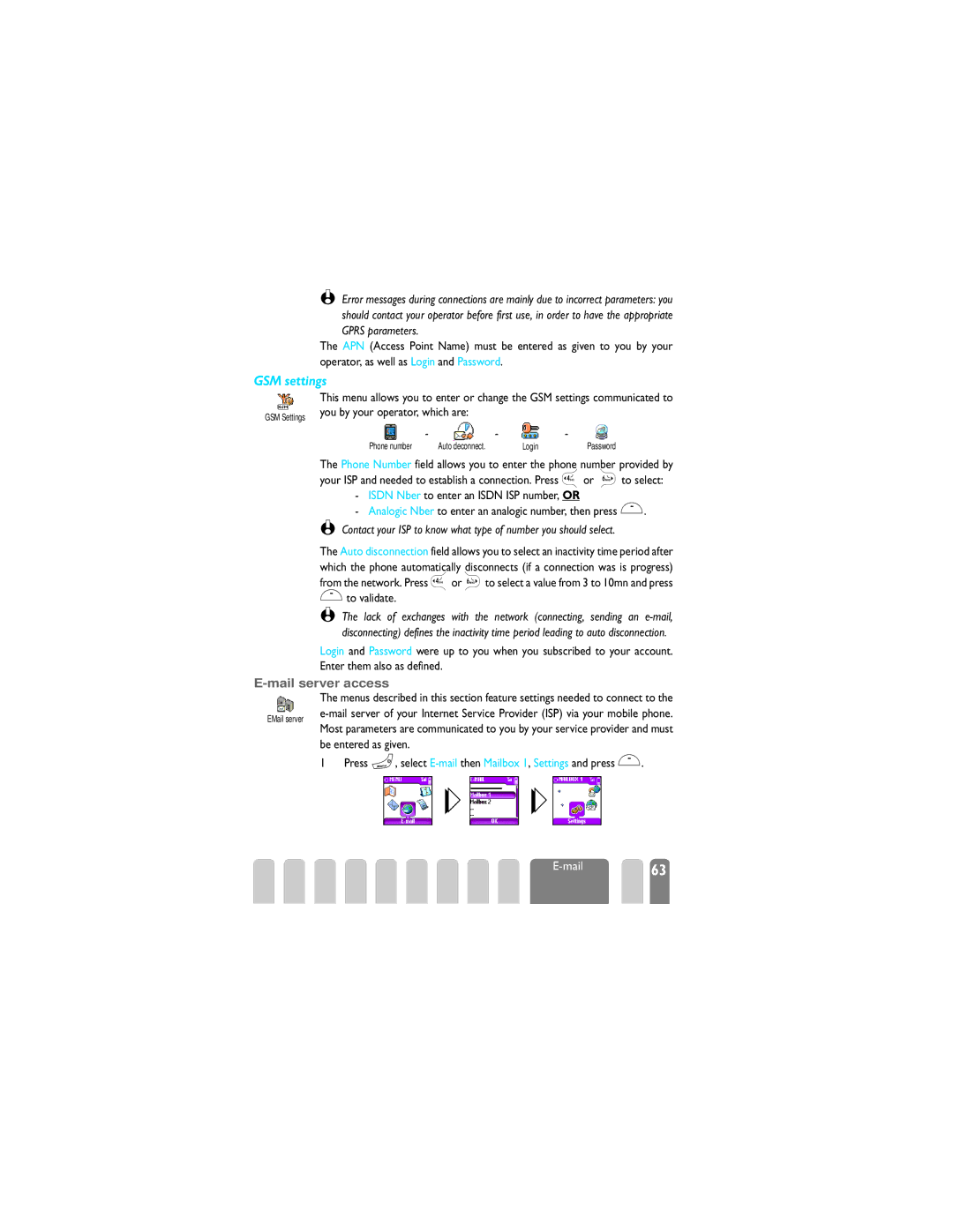 Philips 825 manual GSM settings, To validate, Mail server access, Press C, select E-mailthen Mailbox 1, Settings and press 