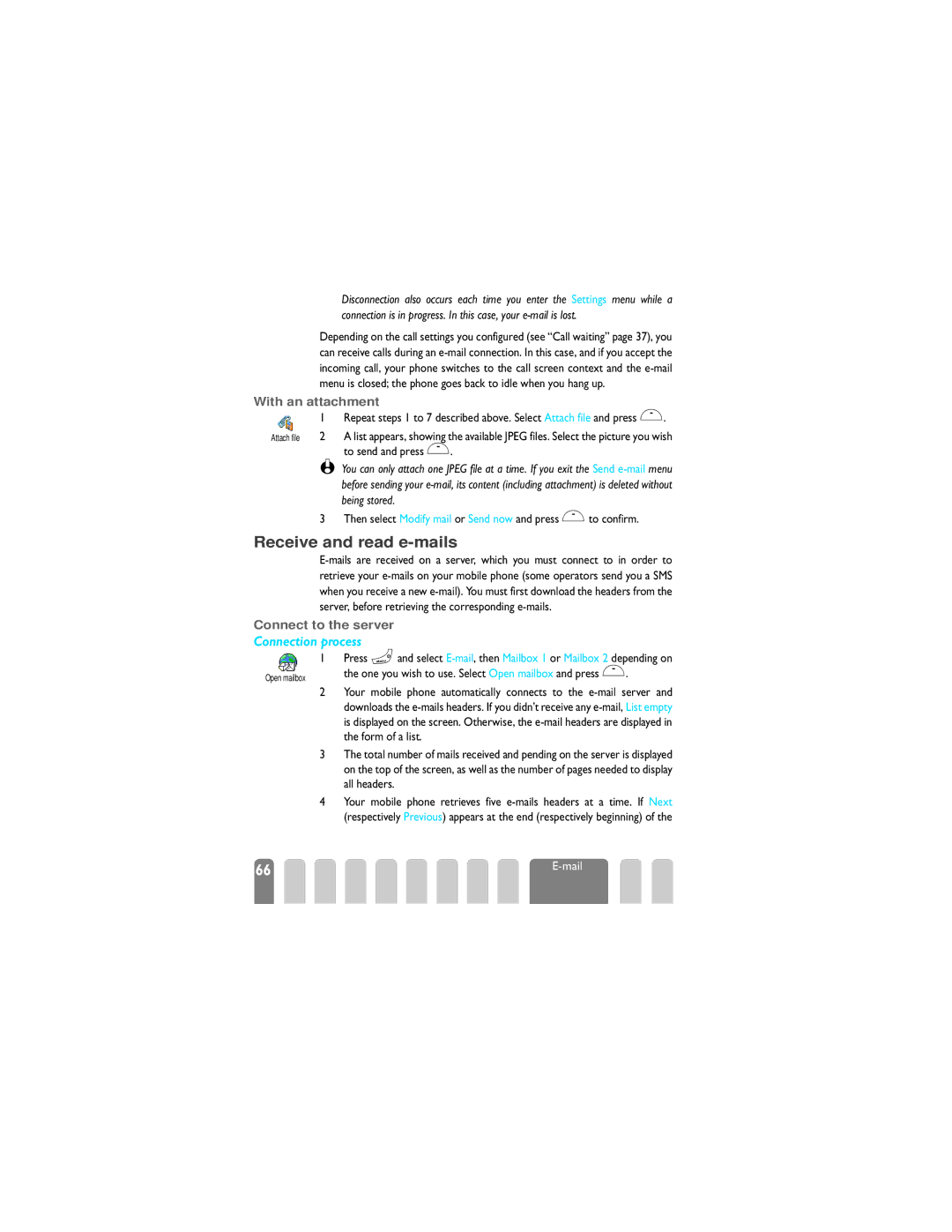 Philips 825 manual Receive and read e-mails, Connection process, With an attachment, Being stored, Connect to the server 