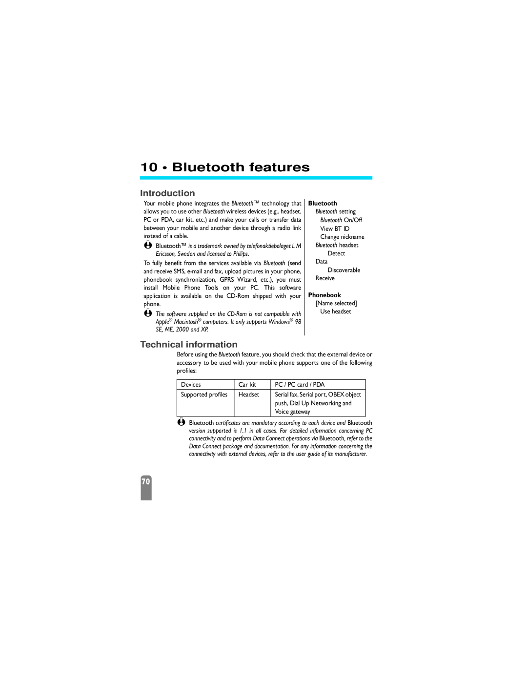 Philips 825 manual Bluetooth features, Technical information 