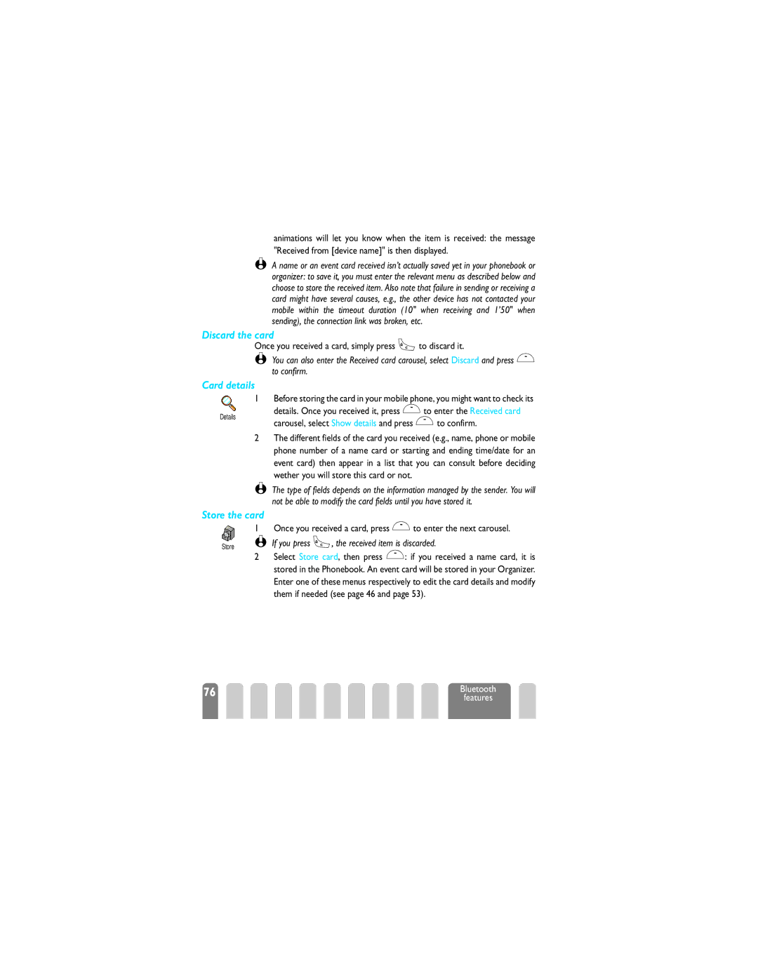 Philips 825 manual Discard the card, Card details, Store the card, If you press e, the received item is discarded 