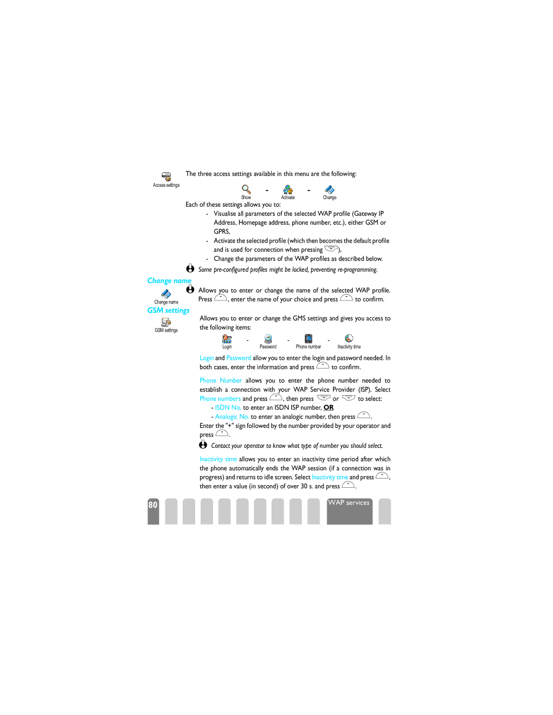 Philips 825 manual Change name, GSM settings 