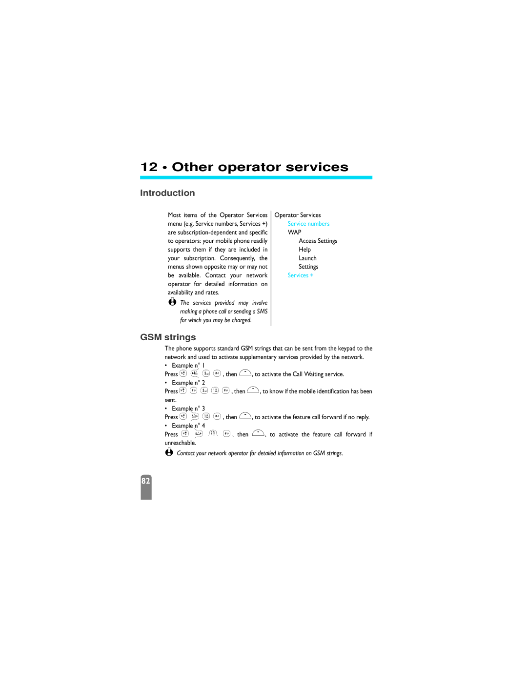 Philips 825 manual Other operator services, GSM strings, Operator Services, Access Settings Help Launch 