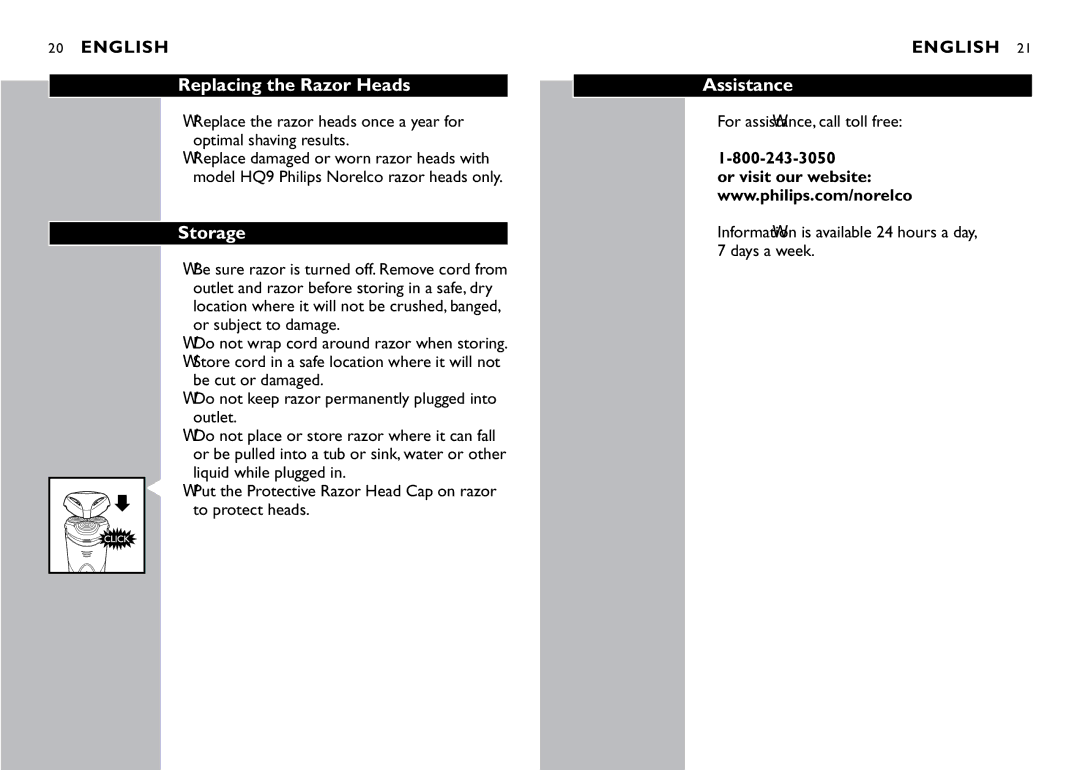 Philips 8250XL, 8251XL, 8240XL manual Replacing the Razor Heads, Storage, Assistance 