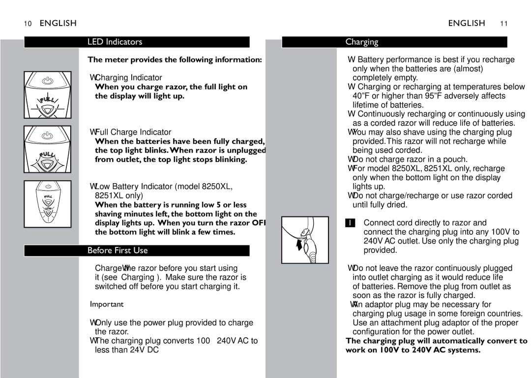 Philips 8240XL manual LED Indicators, Before First Use, Charging, Low Battery Indicator model 8250XL, 8251XL only 