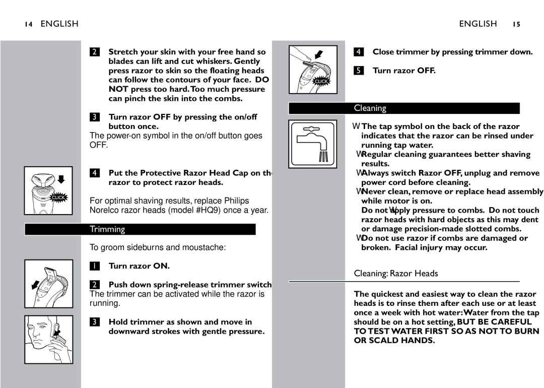 Philips 8250XL, 8251XL, 8240XL manual Trimming, Cleaning Razor Heads 
