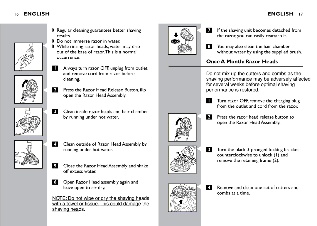 Philips 8251XL, 8240XL, 8250XL manual Once a Month Razor Heads, Running under hot water 