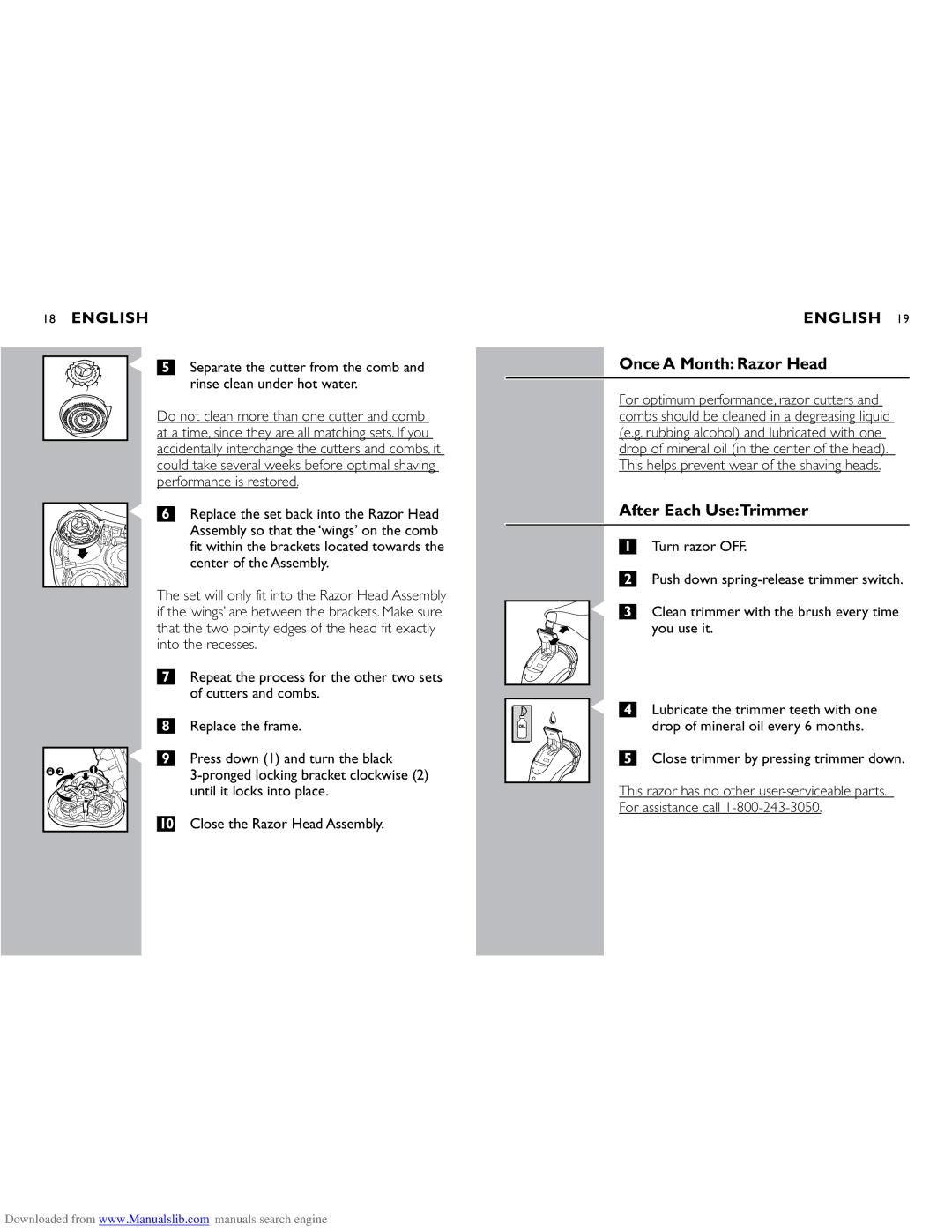 Philips 8251XL, 8250XL manual Once a Month Razor Head, After Each UseTrimmer 