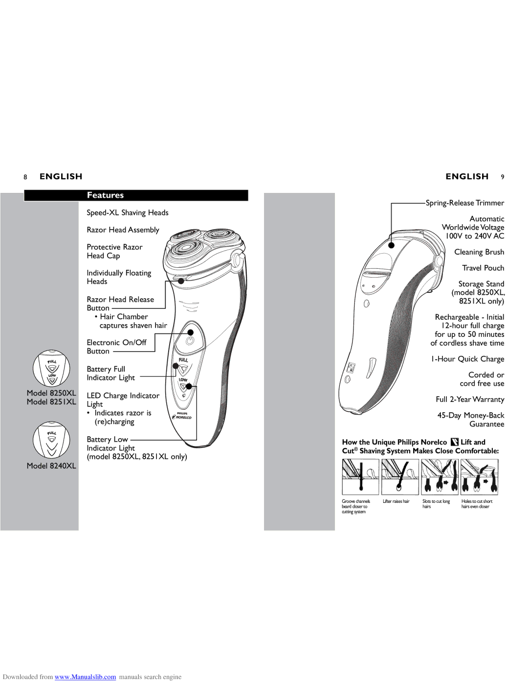 Philips manual Features, Model 8250XL, 8251XL only Model 8240XL, Hour Quick Charge 