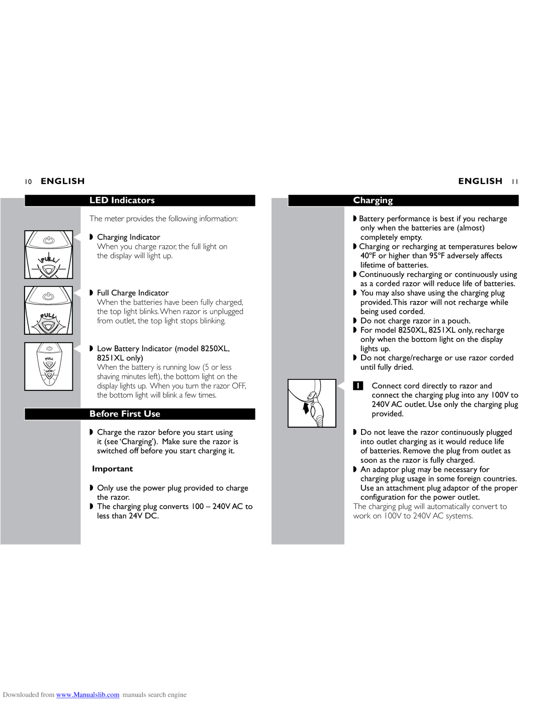 Philips manual LED Indicators, Before First Use, Charging, Low Battery Indicator model 8250XL, 8251XL only 