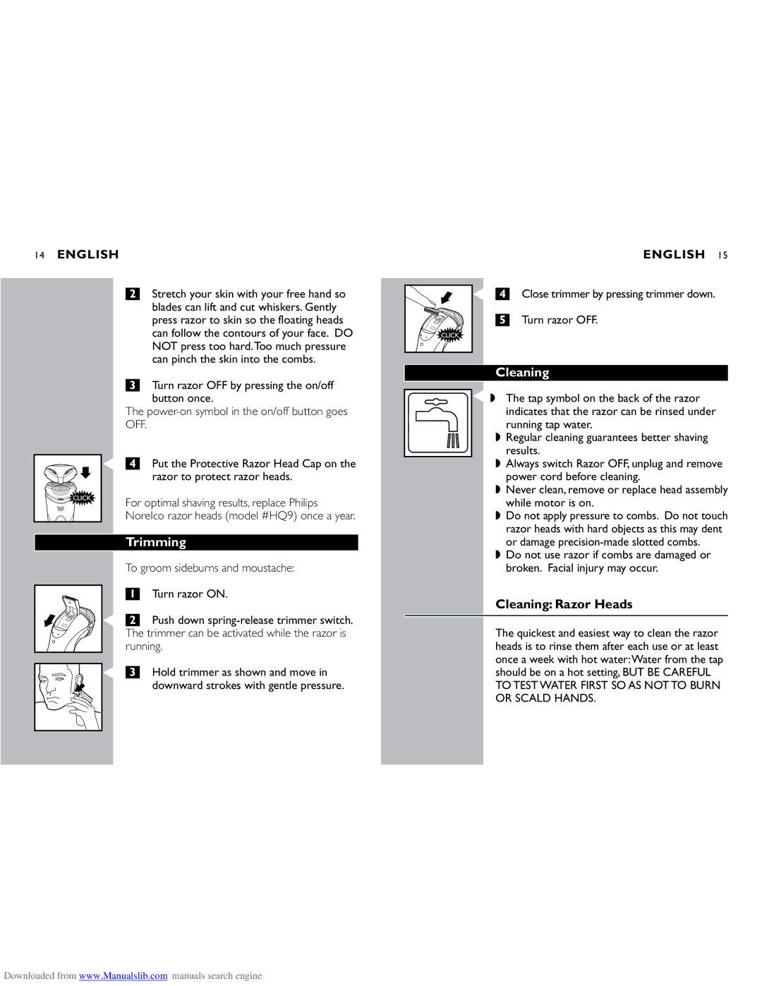 Philips 8251XL, 8250XL manual Trimming, Cleaning Razor Heads 