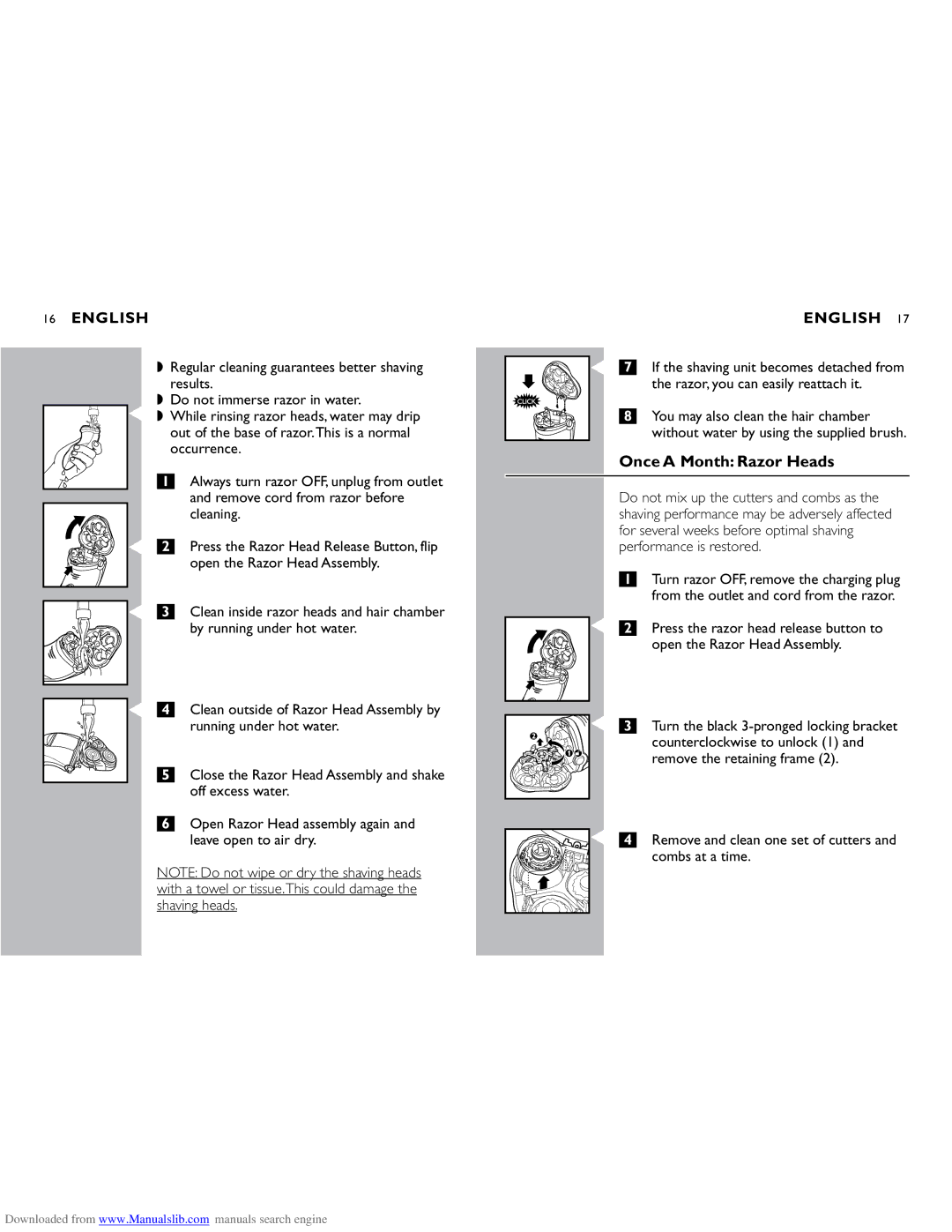 Philips 8250XL, 8251XL manual Once a Month Razor Heads, Running under hot water 