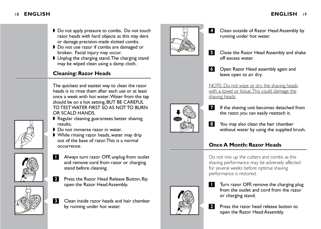 Philips 8270XL manual Cleaning Razor Heads, Once a Month Razor Heads 