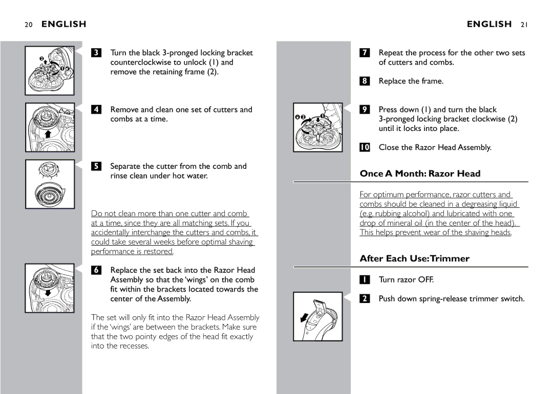 Philips 8270XL manual Once a Month Razor Head, After Each UseTrimmer 