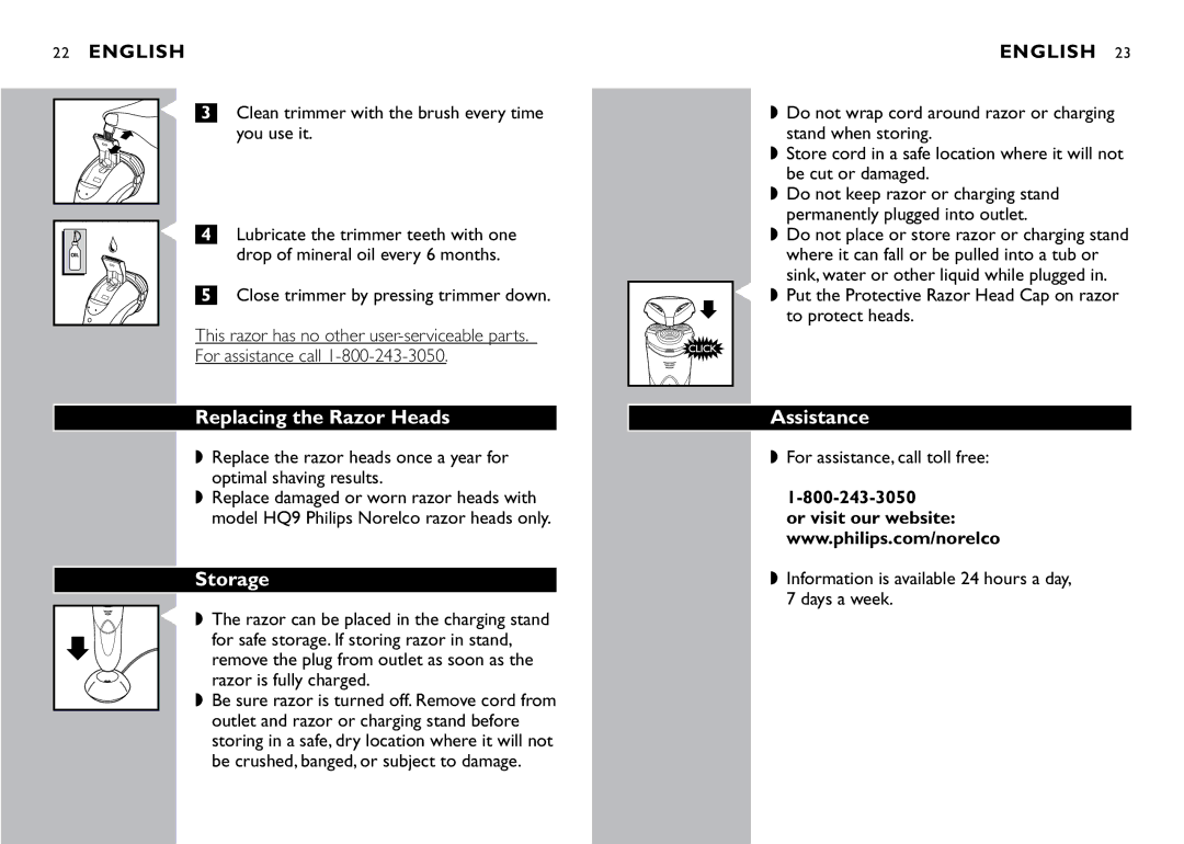 Philips 8270XL manual Replacing the Razor Heads, Storage, Assistance 