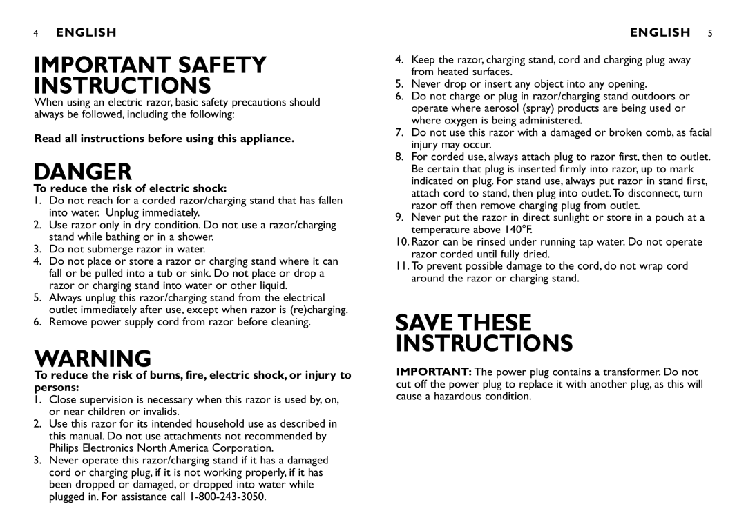 Philips 8270XL manual IMportant Safety Instructions, Remove power supply cord from razor before cleaning 